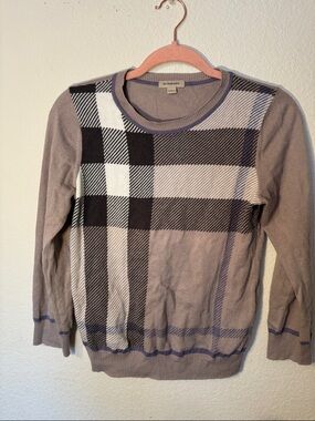 Burberry Taupe Plaid Crewneck Sweater with Black & White Accents 10y